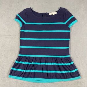 Ann Taylor LOFT Petite Women’s Striped Navy and Teal Peplum Sweater Top, size SP